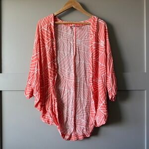 Hawaiis Finest Geometric Kimono Women Small Coral Open Front Cardigan Aloha